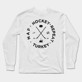 Distressed Hockey Turkey Nap Repeat Funny Thanksgiving Long Sleeve T-Shirt